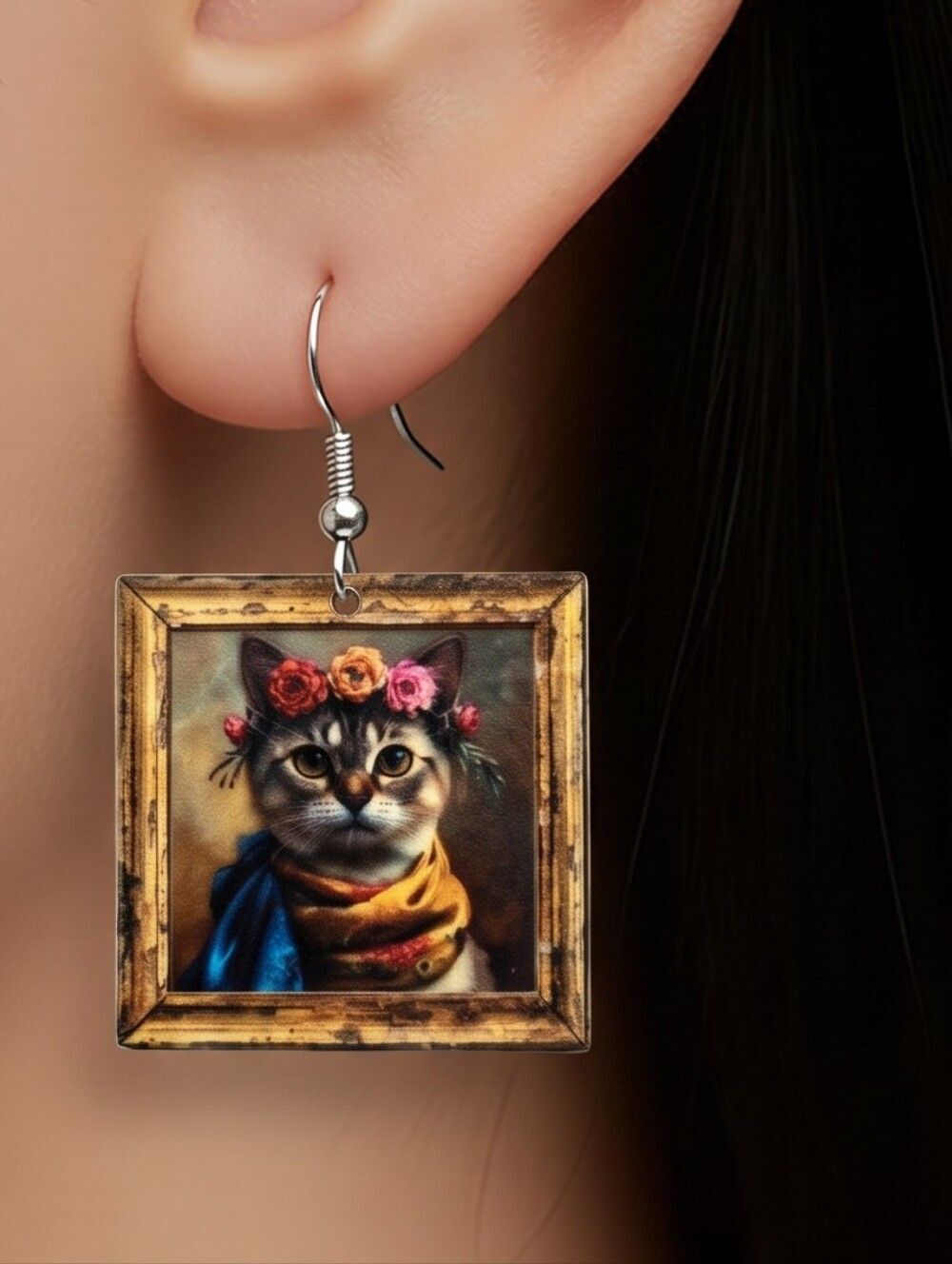 Roman Tabby Cat Floral Famous Oil Painting Earrings Dangle Pierced Ears Jewelry